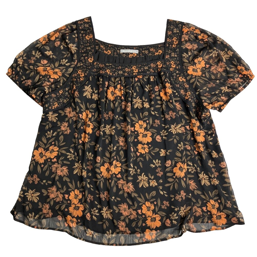Daniel Rainn Black Floral Square-Neck Blouse with Orange Flowers